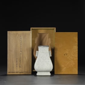A Rare Ge yao Off-white Glazed Silver Mouth Vase with an Imperial Poem by Emperor Qianlong