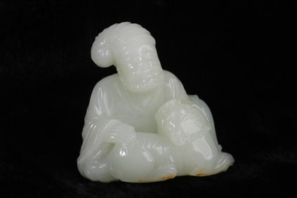 A Rare Hetian Jade Figure Playing with Lion Ornament