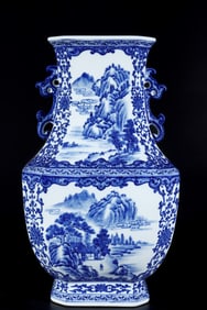 A Rare Blue and White Lotus Landscape and Figures Pattern Double-Ears Vase