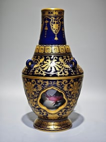 A Rare Famille-Rose Gem Blue Ground Outline in Gold Lotus Pattern Vase?