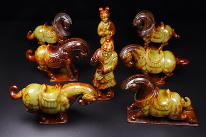 A Set of Rare Hetian jade Figure and Horse Taming Ornament