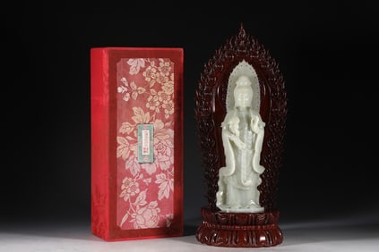 A Rare Hetian White Jade Statue of Avalokitesvara