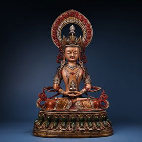 A Rare Coppery High Relief Carved, Painted and Gilded Buddha Statue