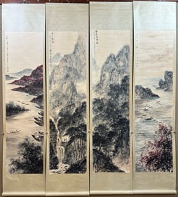 A Set of Chinese Painting of Landscape on Paper With a Hanging Scroll