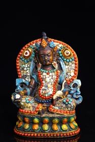 A Rare Ox Bone Cloisonne Inlaid Gems Dzi Bead Statue of Mammon