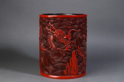 A Rare  Lacquer Carved Red Dragon Pattern Brush Pot