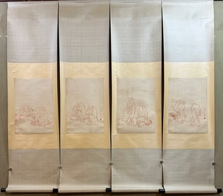 A Set of Chinese Painting of Figures on Paper With a Hanging Scroll