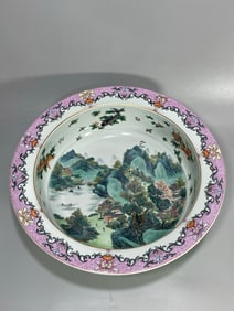 Apple Green Glazed Famille-Rose Landscape Fish and Lotus Pattern Basin?