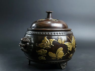 A Rare Red Copper Relief Carved and Gilt Incense Censer