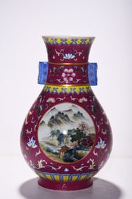 Ruby Red-Glazed Landscape Pattern Vase?