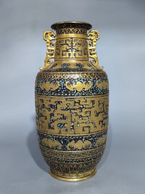 An Exquisite Antique bronze glaze Cover with Gold Bats Pattern Double-Ears Vase