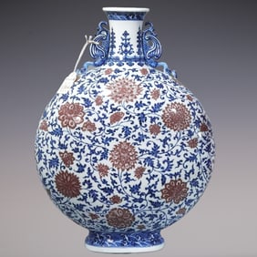 An Exquisite Blue and White Underglaze-Red Lotus Pattern Seawater Pattern Double-Ears Vase
