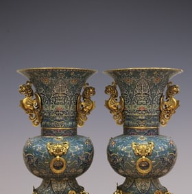 An Exquisite Cloisonne Lotus Pattern Beast-Face Pattern Double-Ears Vase