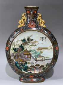 An Exquisite Ink Color Painted Gold Bats and Peach Pattern Lotus Pattern Landscape and Figure