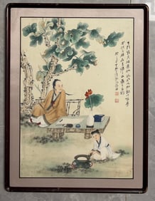 A Chinese Ink Painting of Character and Story on Paper With Frame
