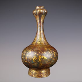 An Exquisite Bronze Inlaid Gold Character and Story Pattern With Inscription Vase