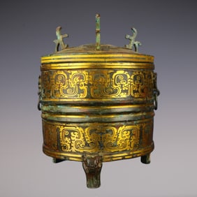 An Exquisite Bronze Inlaid Gold With Inscription Double-Ears and Tripod Censer
