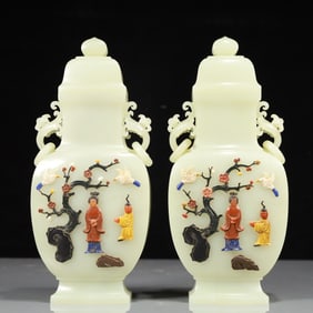 A Exquisite ??White Jade Inlaid Gems Character and Story Pattern Double-Ears Vase