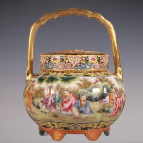 An Exquisite Enamel Painted Gold Lotus Pattern Character and Story Pattern Dragon Pattern with poem