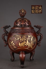 An Exquisite Gilt Bronze Flower and Bird Pattern Lotus Pattern Double-Ears and Tripod Censer