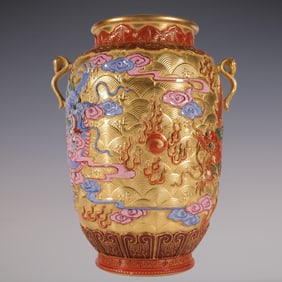 An Exquisite Enamel Painted Gold Dragon Pattern Seawater Pattern Double-Ears Vase