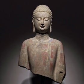 An Exquisite Limestone Painted Color Buddha Statue