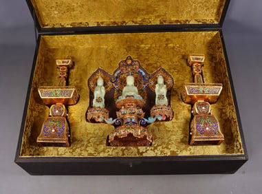 A Set of Fine Gilt Bronze Inlaid White Jade Buddha Statue Candlestick