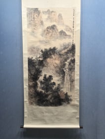 A Chinese Vertical Scroll Ink Painting of Landscape on Paper