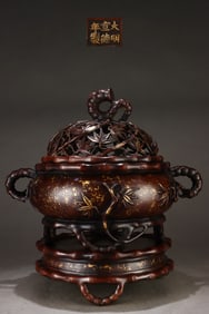 An Exquisite Gilt Bronze Bamboo Pattern Double-Ears Censer
