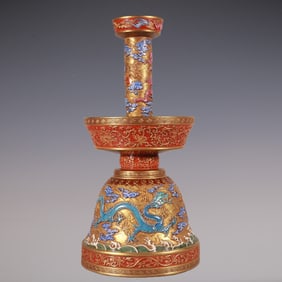 An Exquisite Enamel Painted Gold Lotus Pattern Seawater Pattern Dragon Pattern Candlestick