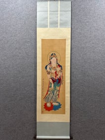 A Chinese Vertical Scroll Ink Painting of Buddha Statue on Silk
