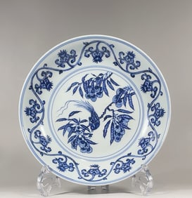 An Exquisite Blue and White Flower and Bird Pattern Lotus Pattern Plate