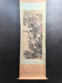A Chinese Vertical Scroll Ink Painting of Landscape on Paper