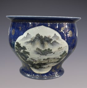 An Exquisite Ji Blue Glazed Painted Gold Bats and Peach Pattern Landscape Pattern Vat