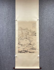 A Chinese Vertical Scroll Ink Painting of Landscape on Paper