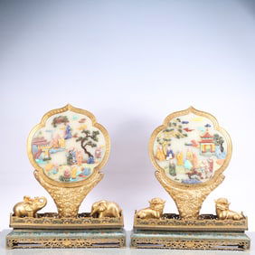 A Exquisite A pair of Cloisonne Lotus Pattern Inlaid Gems Character and Story Pattern with poem