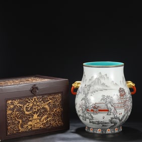 An Exquisite Ink Color Iron-Red Landscape and Figure Pattern Double-Ears Vase