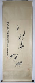 A Chinese Vertical Scroll Ink Painting of Shrimp on Paper