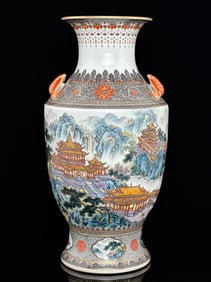 A Pair of Exquisite Ink Color Painted Gold Lotus Pattern Dragon Pattern Landscape Pattern with poem