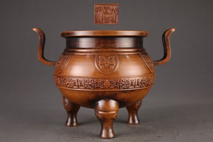 An Exquisite Bronze Dragon Pattern Double-Ears and Tripod Censer