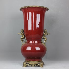 An Exquisite Ji Red Glazed Inlaid Bronze Double-Ears Vase