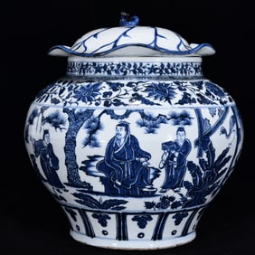 An Exquisite Blue and White Lotus Pattern Character and Story Pattern Jar