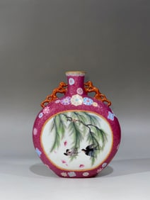 An Exquisite Famille-Rose Ruby Red-Glazed Flower and Bird Pattern Double-Ears Vase