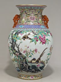 An Exquisite Famille-Rose Lotus Pattern Flower and Bird Pattern with poem Double-Ears Vase