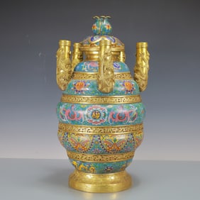 A Exquisite Cloisonne Beast-Face Pattern Dragon and Phoenix Pattern Bats and Peach Pattern Vase