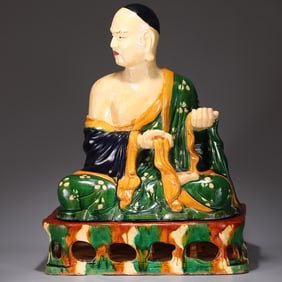 An Exquisite Tang Tri-Color Glazed Pottery Statue of Arhat