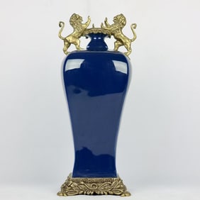 An Exquisite Ruby Blue-Glazed Inlaid Bronze Double-Ears Vase