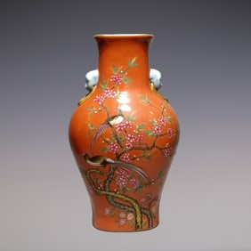 An Exquisite Famille-Rose Coral Red Glazed Flower and Bird Pattern with poem Double-Ears Vase