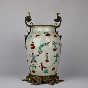 A Exquisite Famille-Rose Inlaid Coppery Figures Pattern Double-Ears Vase