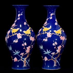 An Exquisite Famille-Rose Ji Blue Glazed Flower and Bird Pattern Vase